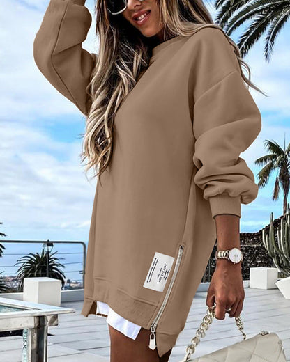 🔥 Long Sleeve Pullover Zipper Slit Casual Sweatshirt Dress