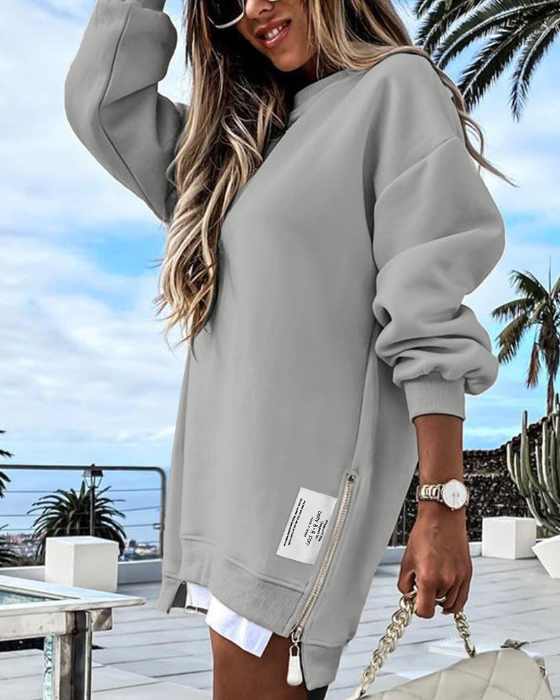 🔥 Long Sleeve Pullover Zipper Slit Casual Sweatshirt Dress