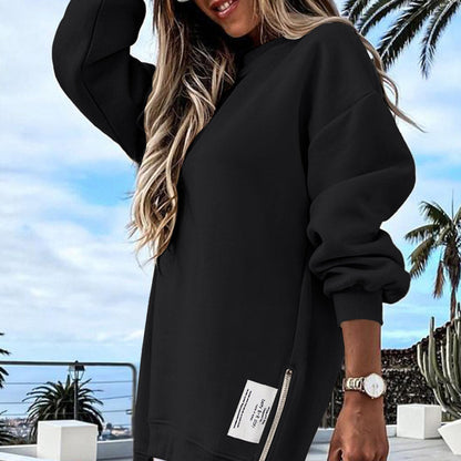 🔥 Long Sleeve Pullover Zipper Slit Casual Sweatshirt Dress