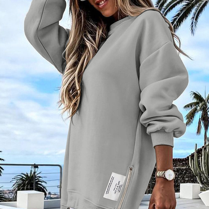 🔥 Long Sleeve Pullover Zipper Slit Casual Sweatshirt Dress