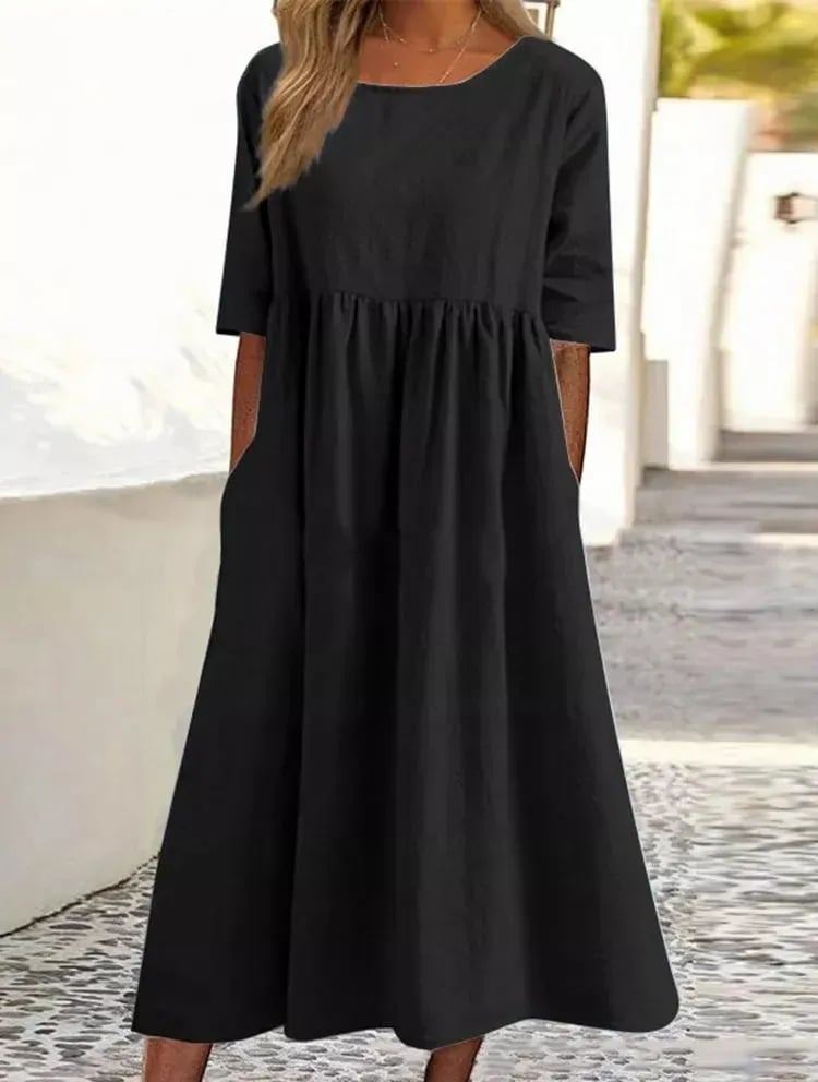 💝2025 NEW SALE💝Women's Casual Basic Outdoor Crew Neck Pocket Smocked Cotton Dress