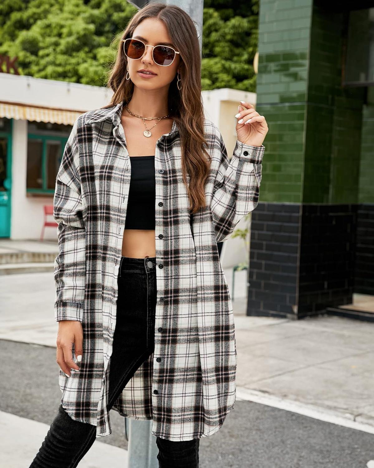 🔥2026 NEW SALES - 50% OFF🔥Women's Button Down Flannel Shirts Plaid Shacket Collared Long Jacket Coats