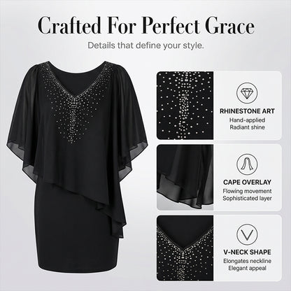 🌸2026 Summer Specials💐Rhinestone V-Neck Cape Dress with Chiffon Overlay
