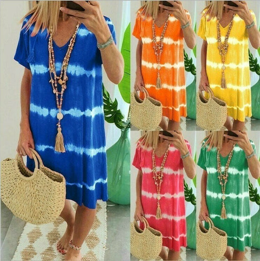 ✨Tie-Dye Striped Short Sleeve T-Shirt Dress – Soft & flowy – Perfect for summer, beach or casual days – comfortable and stylish 🌊