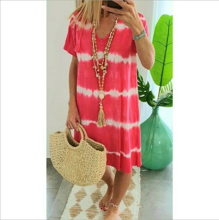 ✨Tie-Dye Striped Short Sleeve T-Shirt Dress – Soft & flowy – Perfect for summer, beach or casual days – comfortable and stylish 🌊
