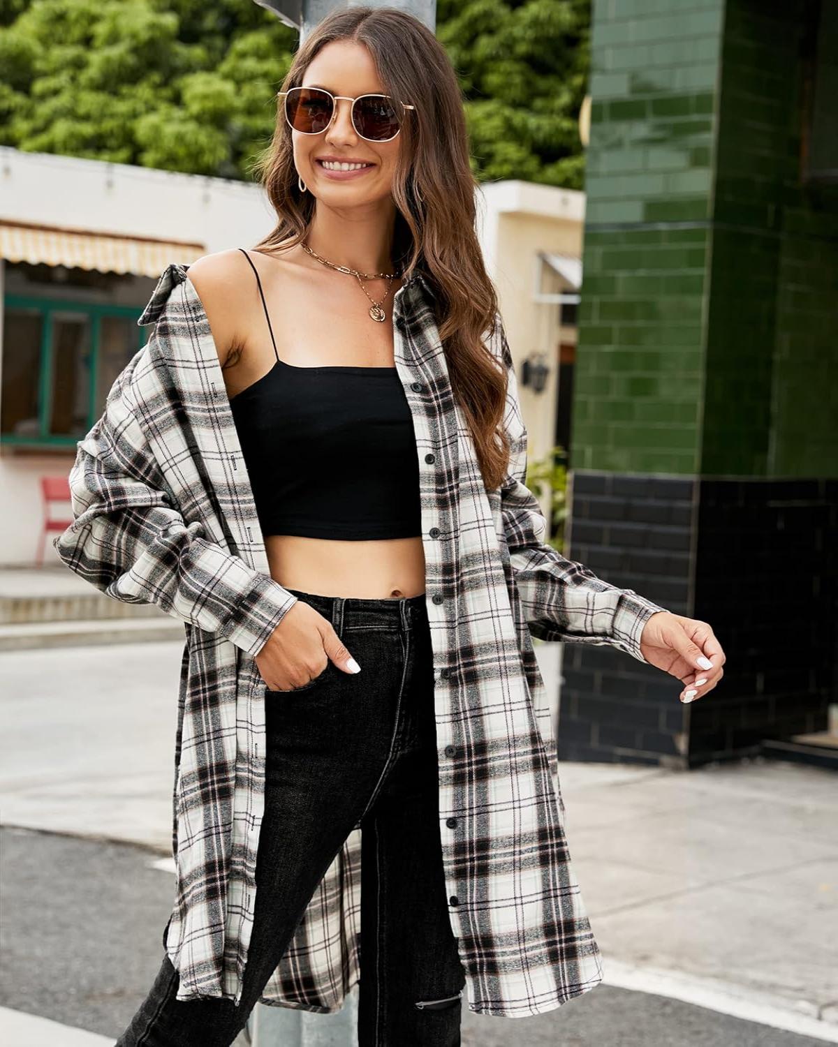 🔥2026 NEW SALES - 50% OFF🔥Women's Button Down Flannel Shirts Plaid Shacket Collared Long Jacket Coats