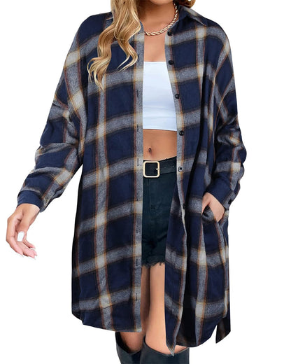 🔥2026 NEW SALES - 50% OFF🔥Women's Button Down Flannel Shirts Plaid Shacket Collared Long Jacket Coats