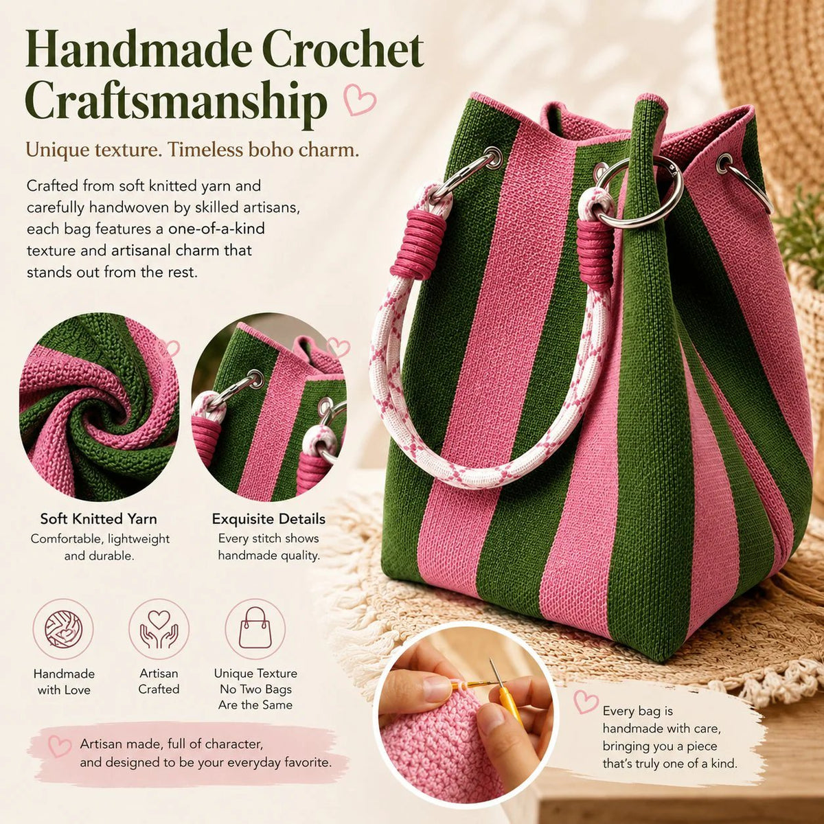 👜 Boho Striped Knit Bucket Handbag for Women – Handmade Summer Beach Shoulder Bag
