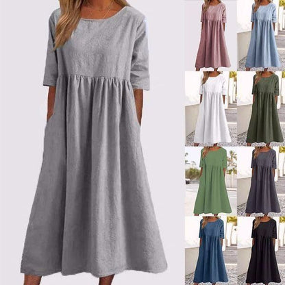 💝2025 NEW SALE💝Women's Casual Basic Outdoor Crew Neck Pocket Smocked Cotton Dress