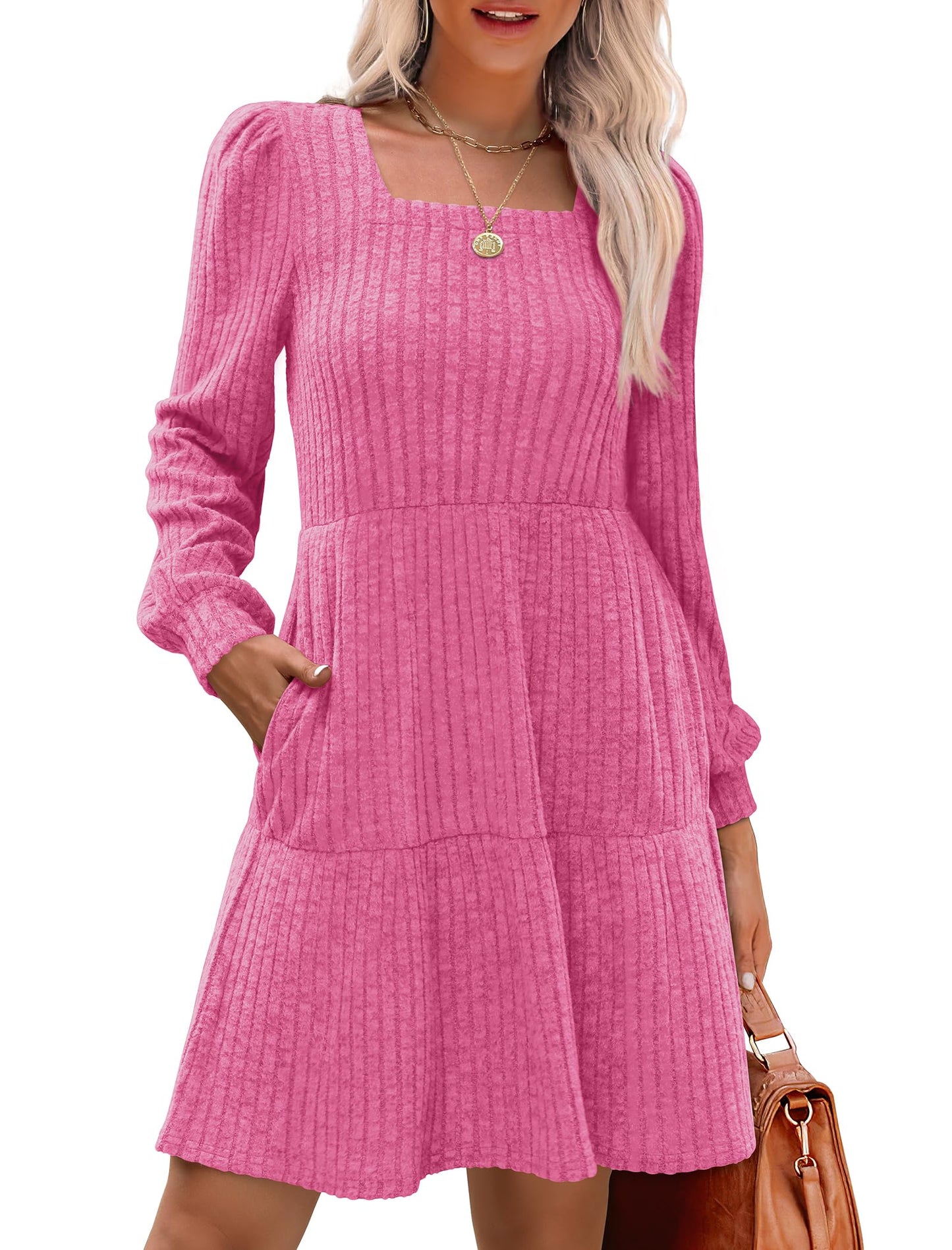 🍂2025 Autumn New Style⏰Women's Square Neck Lantern Sleeve Ribbed Dress