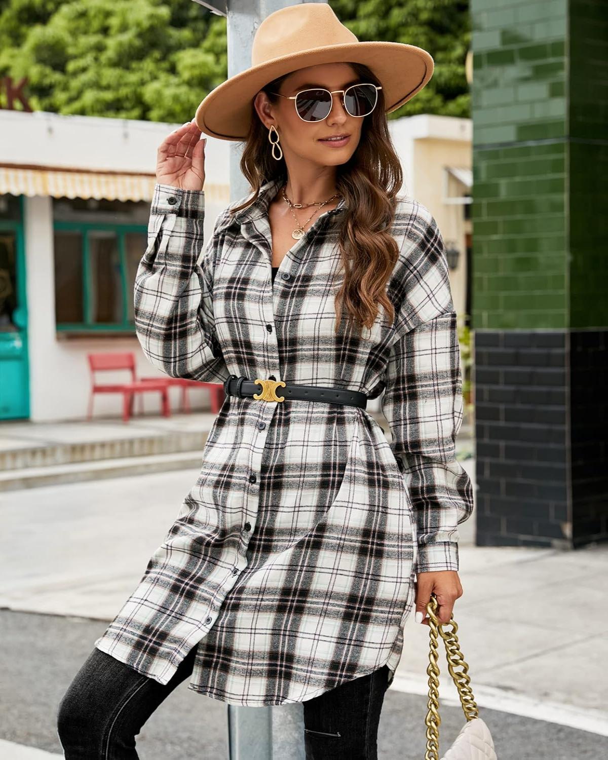 🔥2026 NEW SALES - 50% OFF🔥Women's Button Down Flannel Shirts Plaid Shacket Collared Long Jacket Coats