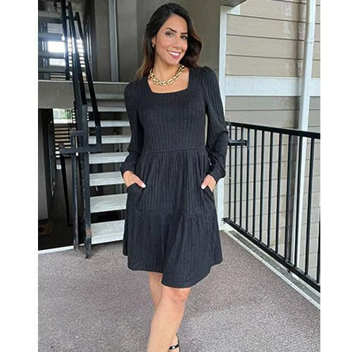 🍂2025 Autumn New Style⏰Women's Square Neck Lantern Sleeve Ribbed Dress