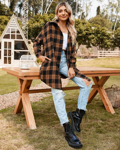 🔥2026 NEW SALES - 50% OFF🔥Women's Button Down Flannel Shirts Plaid Shacket Collared Long Jacket Coats