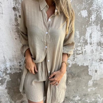 🌸💐 Women's Casual Long Sleeve Shirt & Shorts (2-Piece Set)
