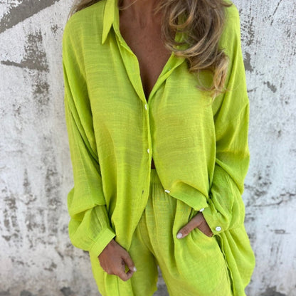 🌸💐 Women's Casual Long Sleeve Shirt & Shorts (2-Piece Set)