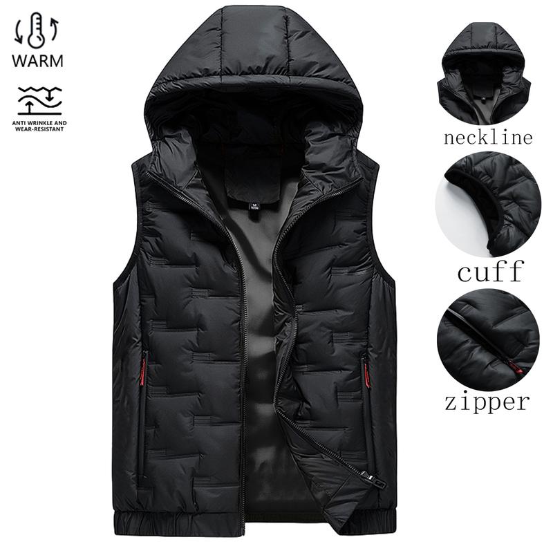 Men’s Slim-Fit Hooded Waistcoat - Sleeveless Front-Zip Gilet, Cozy