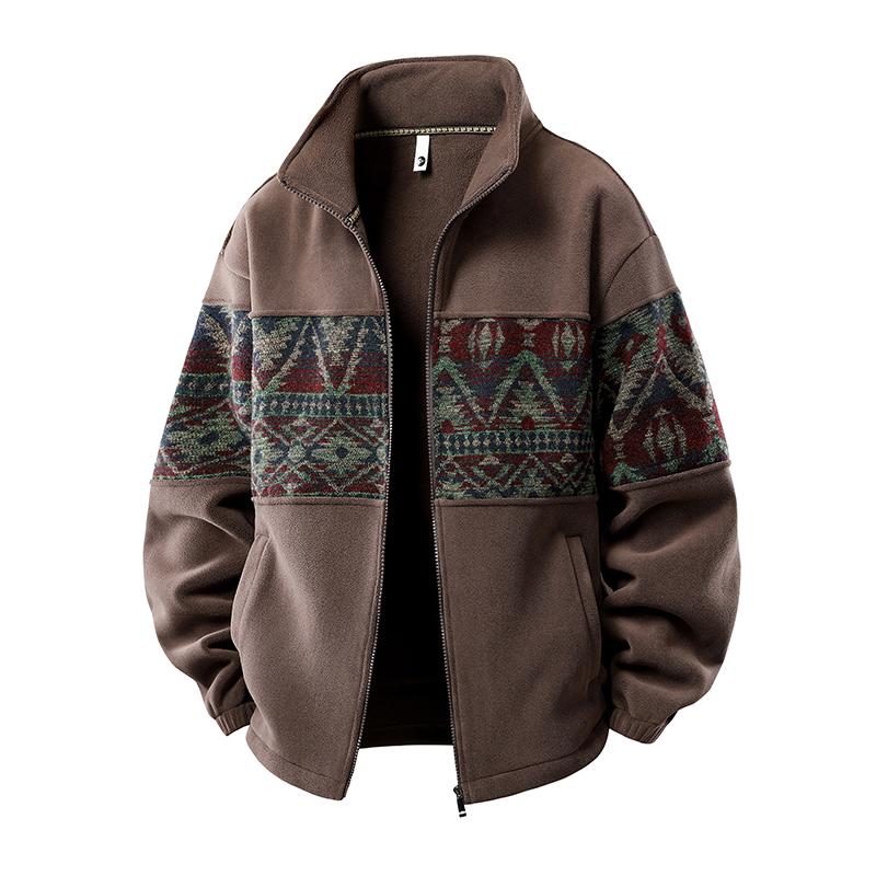 Men's Ethnic Pattern Full-Zip Fleece-Lined Long-Sleeve Menswear Cardigan Sweater Jacket - Stand Collar, Casual Loose Autumn-Winter Christmas Everyday Top