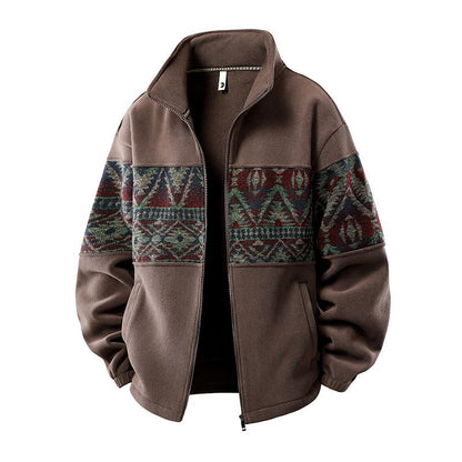 Men's Ethnic Pattern Full-Zip Fleece-Lined Long-Sleeve Menswear Cardigan Sweater Jacket - Stand Collar, Casual Loose Autumn-Winter Christmas Everyday Top