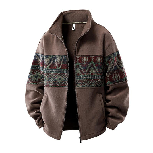 Men's Ethnic Pattern Full-Zip Fleece-Lined Long-Sleeve Menswear Cardigan Sweater Jacket - Stand Collar, Casual Loose Autumn-Winter Christmas Everyday Top