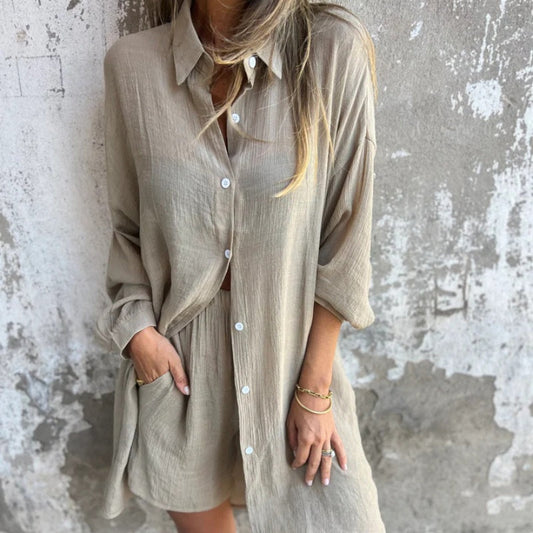 🌸Spring Specials💐 Women's Casual Long Sleeve Shirt & Shorts (2-Piece Set)