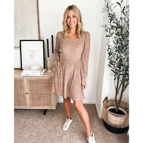 🍂2025 Autumn New Style⏰Women's Square Neck Lantern Sleeve Ribbed Dress