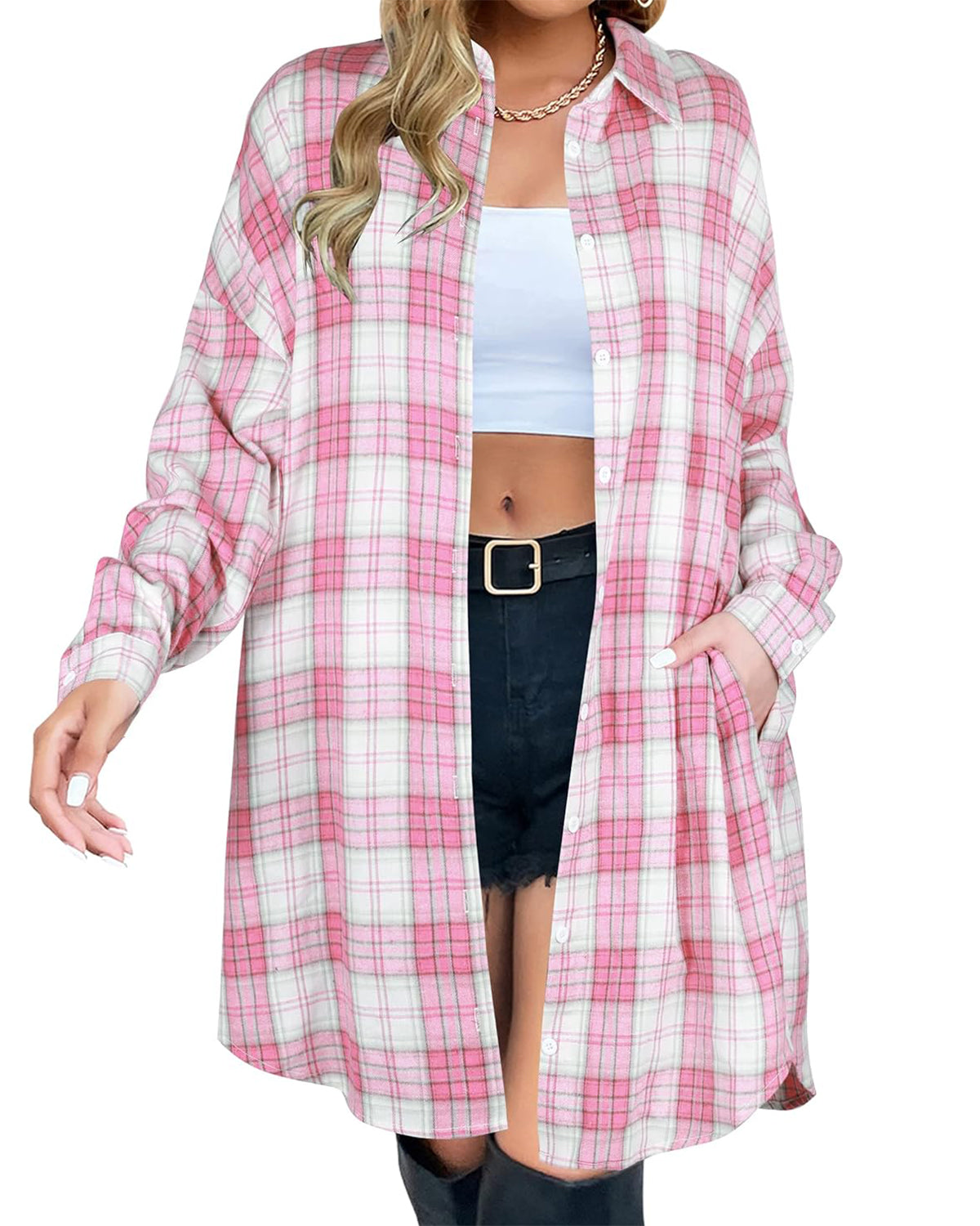 🔥2026 NEW SALES - 50% OFF🔥Women's Button Down Flannel Shirts Plaid Shacket Collared Long Jacket Coats
