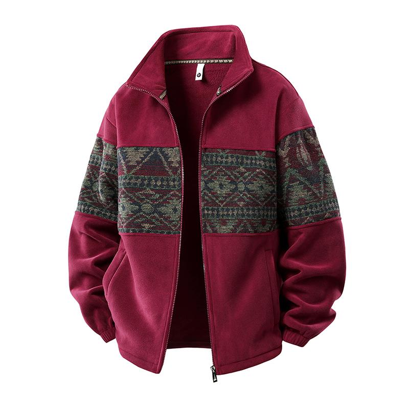 Men's Ethnic Pattern Full-Zip Fleece-Lined Long-Sleeve Menswear Cardigan Sweater Jacket - Stand Collar, Casual Loose Autumn-Winter Christmas Everyday Top