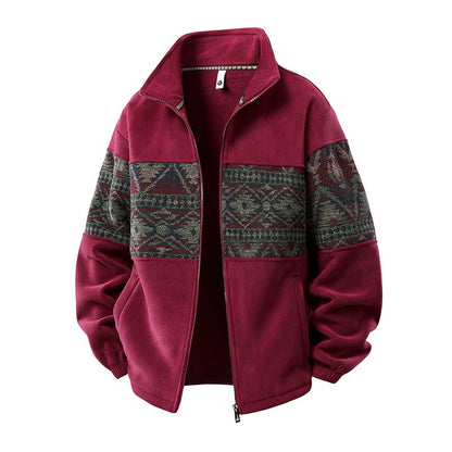 Men's Ethnic Pattern Full-Zip Fleece-Lined Long-Sleeve Menswear Cardigan Sweater Jacket - Stand Collar, Casual Loose Autumn-Winter Christmas Everyday Top