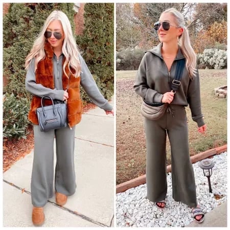 💝🔥Limited Time Sale-50% OFF🔥🎀Women's Oversized Half Zip Wide Leg 2 Piece Outfits Lounge Set