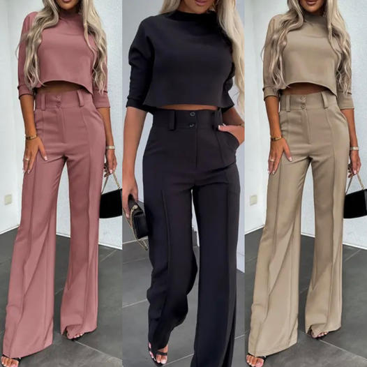 💖✨Women's Wide-Leg Commuter Pants & Elegant Crop Top Set