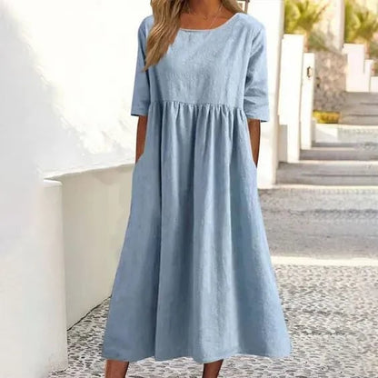 💝2025 NEW SALE💝Women's Casual Basic Outdoor Crew Neck Pocket Smocked Cotton Dress