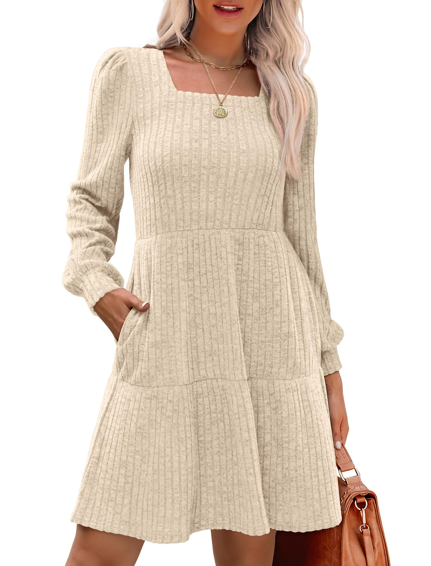 🍂2025 Autumn New Style⏰Women's Square Neck Lantern Sleeve Ribbed Dress