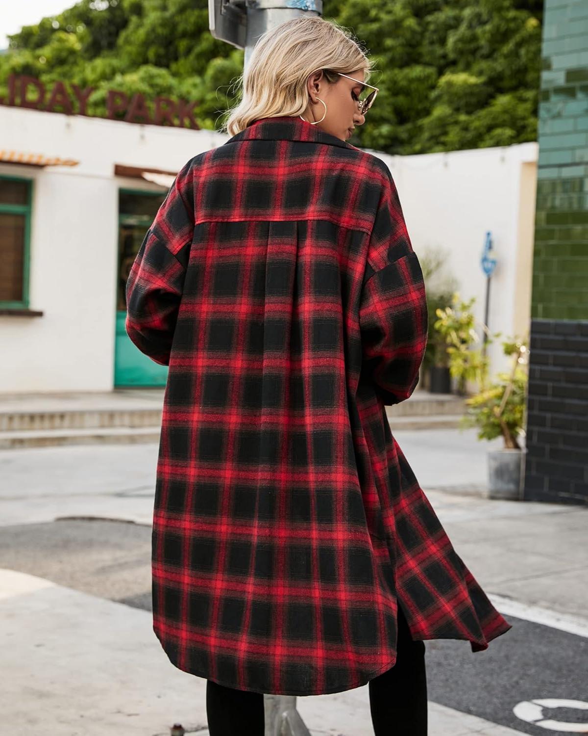 🔥2026 NEW SALES - 50% OFF🔥Women's Button Down Flannel Shirts Plaid Shacket Collared Long Jacket Coats