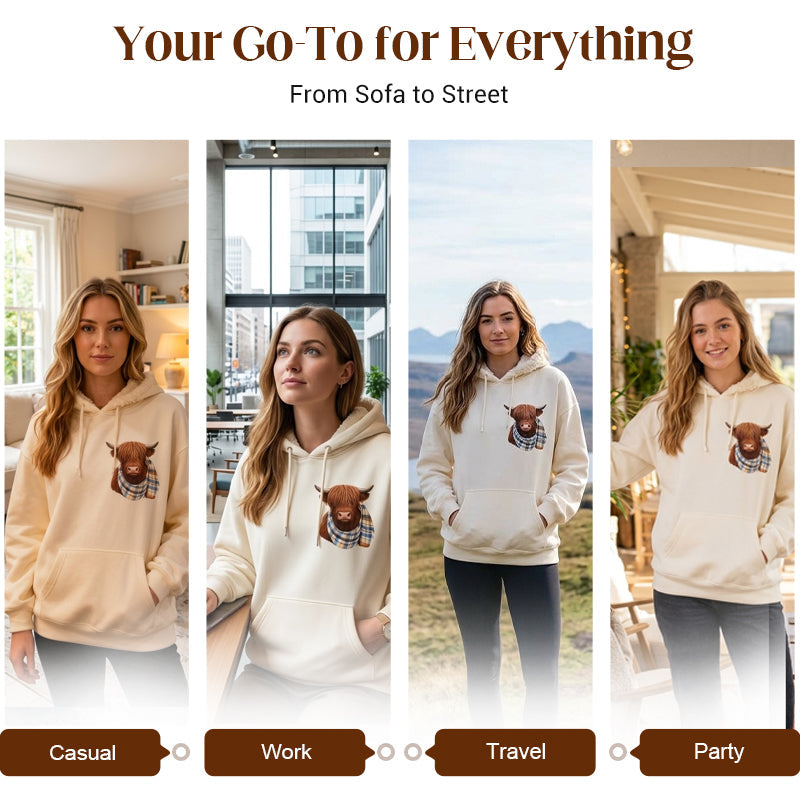 🐮🎁Cute Highland Cow Cozy Fleece-Lined Hooded Sweatshirt