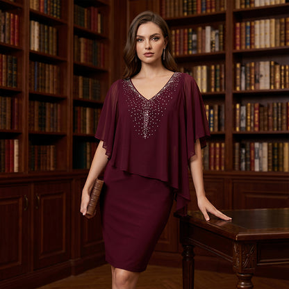 🌸2026 Summer Specials💐Rhinestone V-Neck Cape Dress with Chiffon Overlay