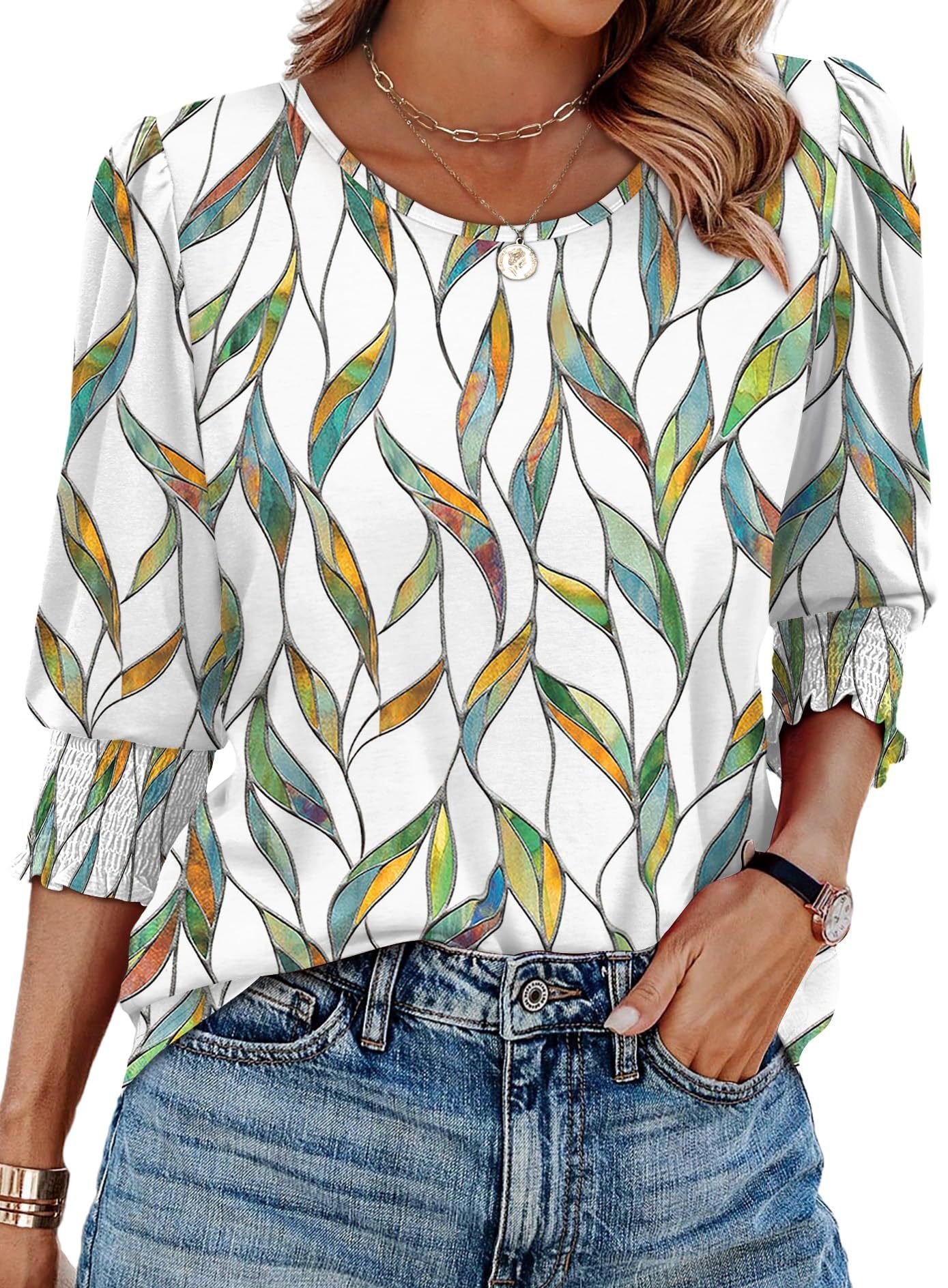 ☀️Summer Hot Sale 50% OFF🌼Blouses for Women Dressy Casual 3/4 Length Sleeve Tops with Smocked Cuffs
