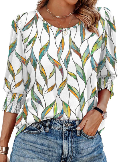 ☀️Summer Hot Sale 50% OFF🌼Blouses for Women Dressy Casual 3/4 Length Sleeve Tops with Smocked Cuffs