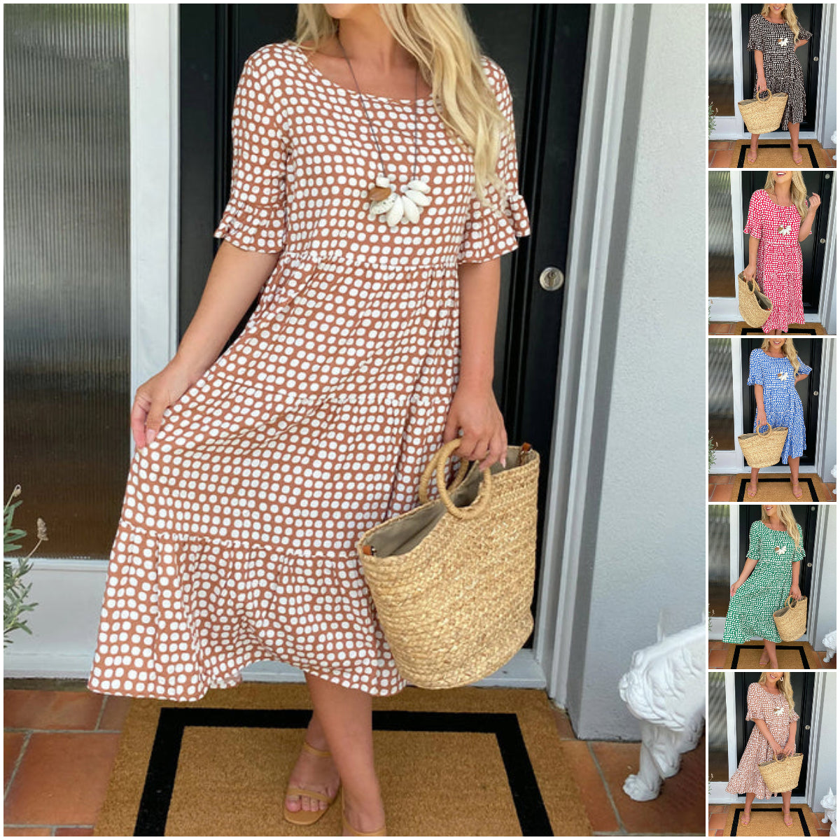 🎁Round Neck Polka Dot Print Midi Dress