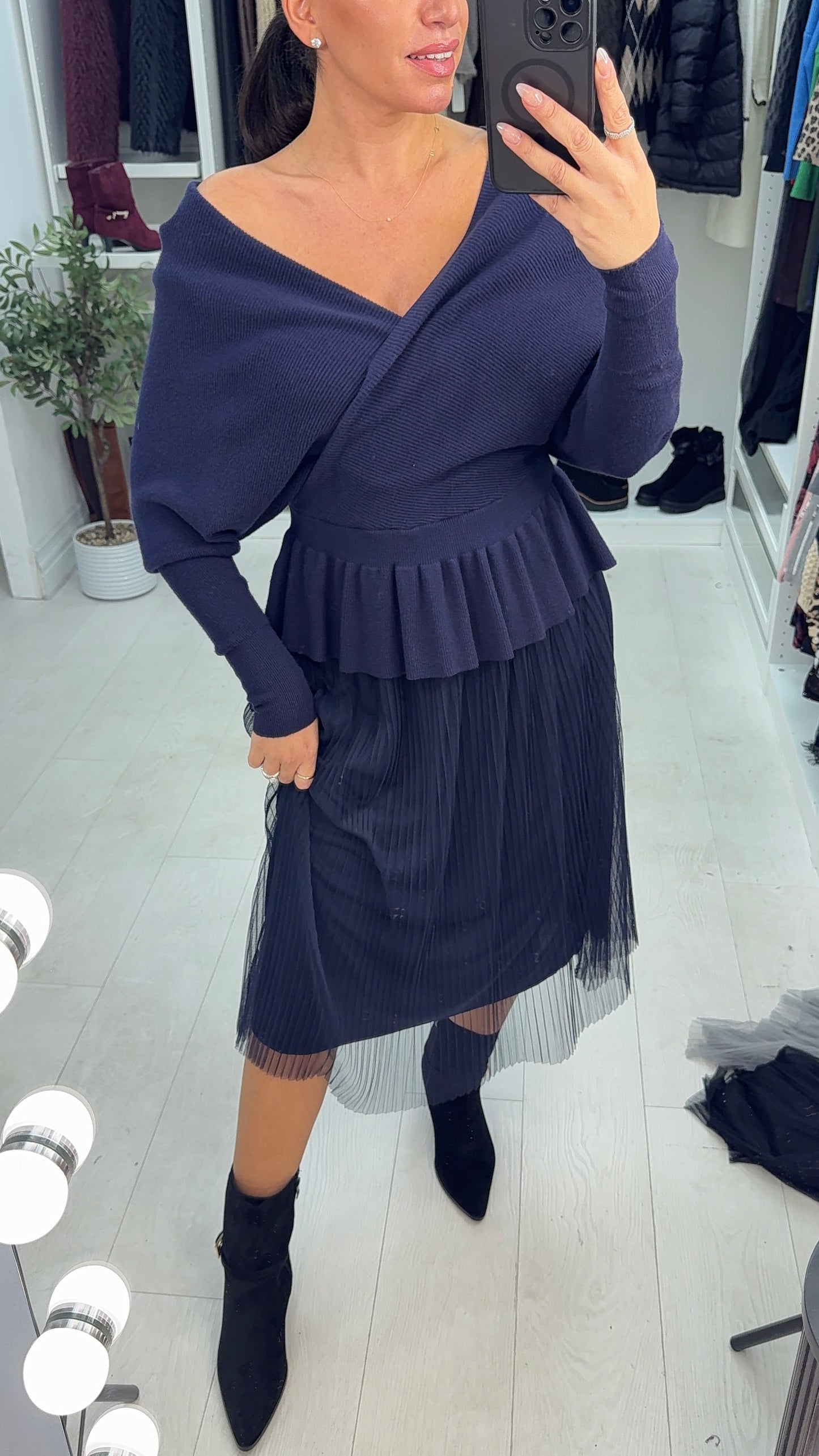 Pleated Mesh Skirt Knit Dress