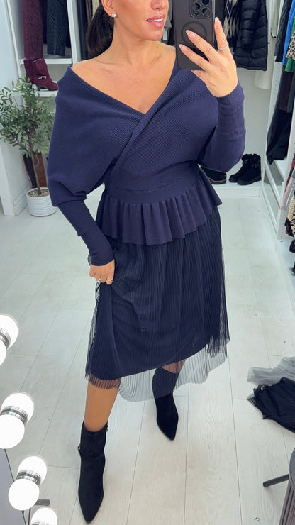 Pleated Mesh Skirt Knit Dress