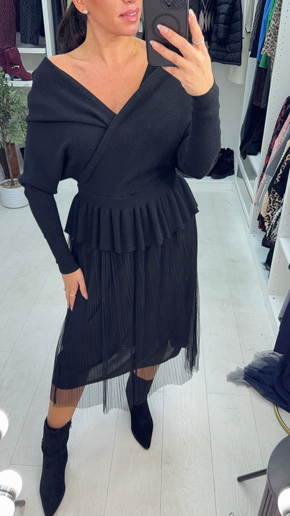 Pleated Mesh Skirt Knit Dress