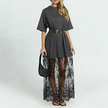 Modern Layered-Look Tee Dress with Lace Hem