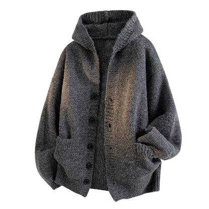 Unisex Hooded Knit Cardigan Casual Loose Button Sweater Jacket
