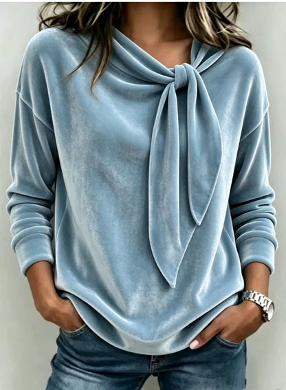 Fall Women Velvet Bow Tie Neck Long Sleeve Top