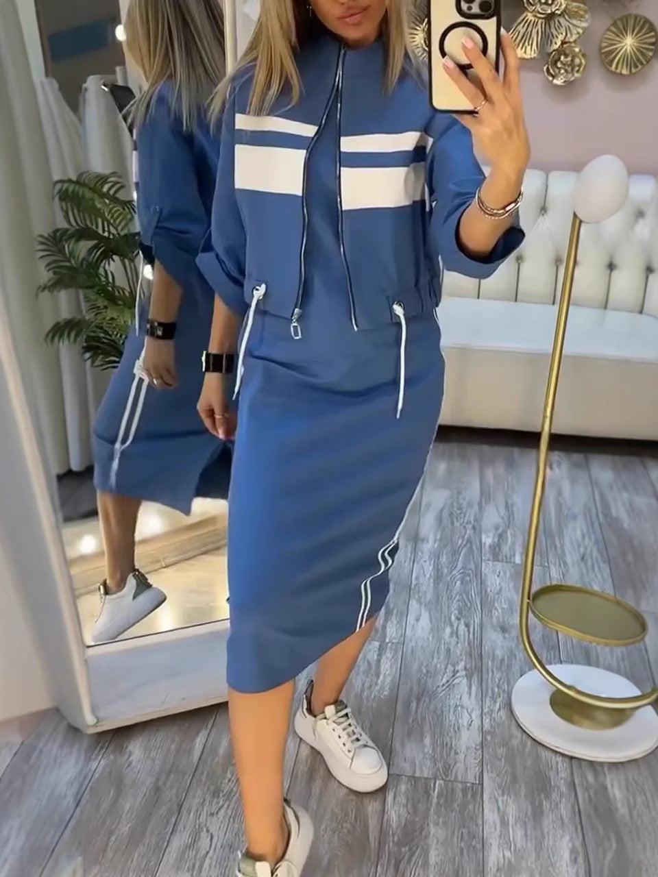 🎉 2 Pieces, More Ways to Dress | Women's Stand-Collar Jacket & Midi Dress Set