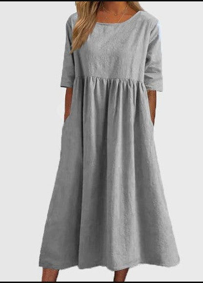 💝2025 NEW SALE💝Women's Casual Basic Outdoor Crew Neck Pocket Smocked Cotton Dress
