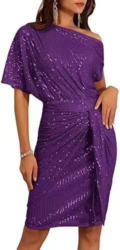 ✨ 50% OFF NOW! 💜 Women's One Shoulder Sequin Dress - Sparkling Glamour with Bodycon Fit for Party & Club Nights 🌟🪩