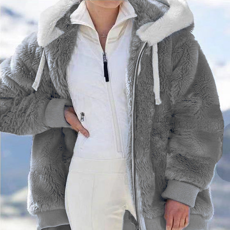 Hooded Fleece Jacket with Shearling Lining