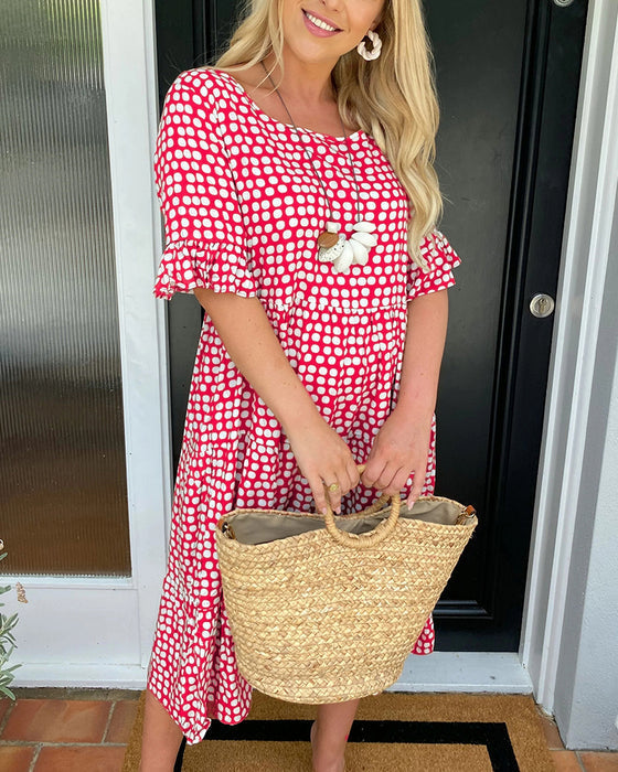 🎁Round Neck Polka Dot Print Midi Dress