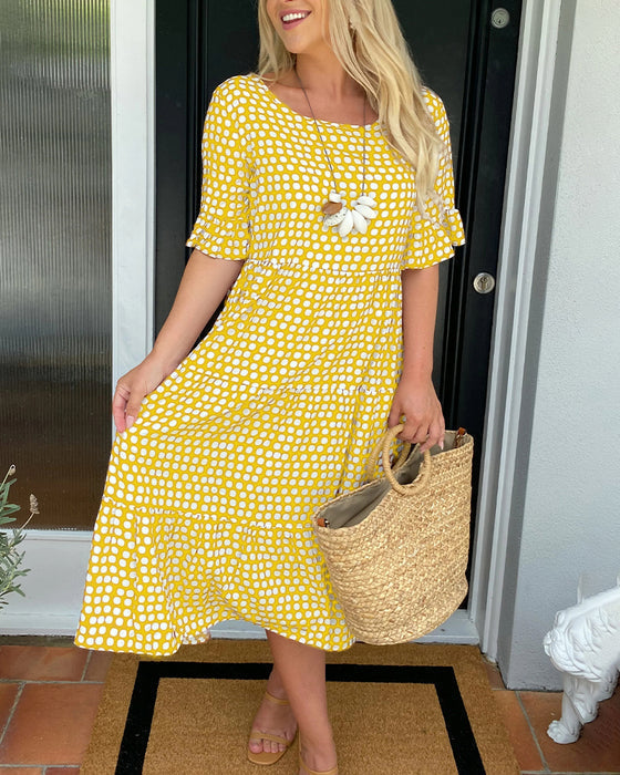 🎁Round Neck Polka Dot Print Midi Dress